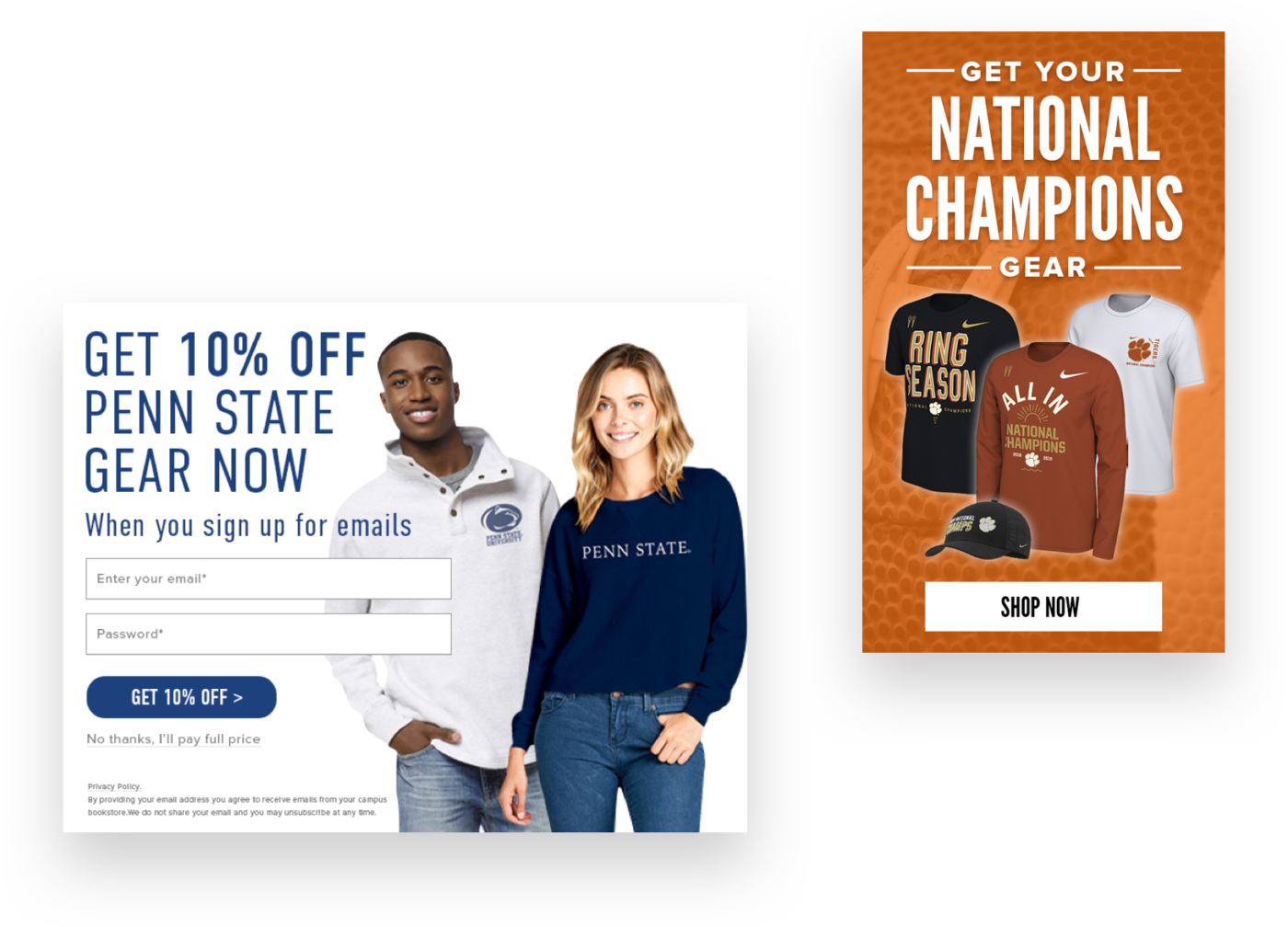 Showing marketing ads. One showing 10% OFF on PENN State; another showing NATIONAL CHAMPIONS gear