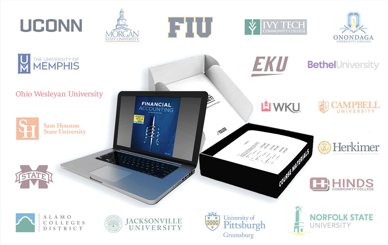 Logos of various schools, a laptop screen showing Financial Accounting and a box containing course material documents